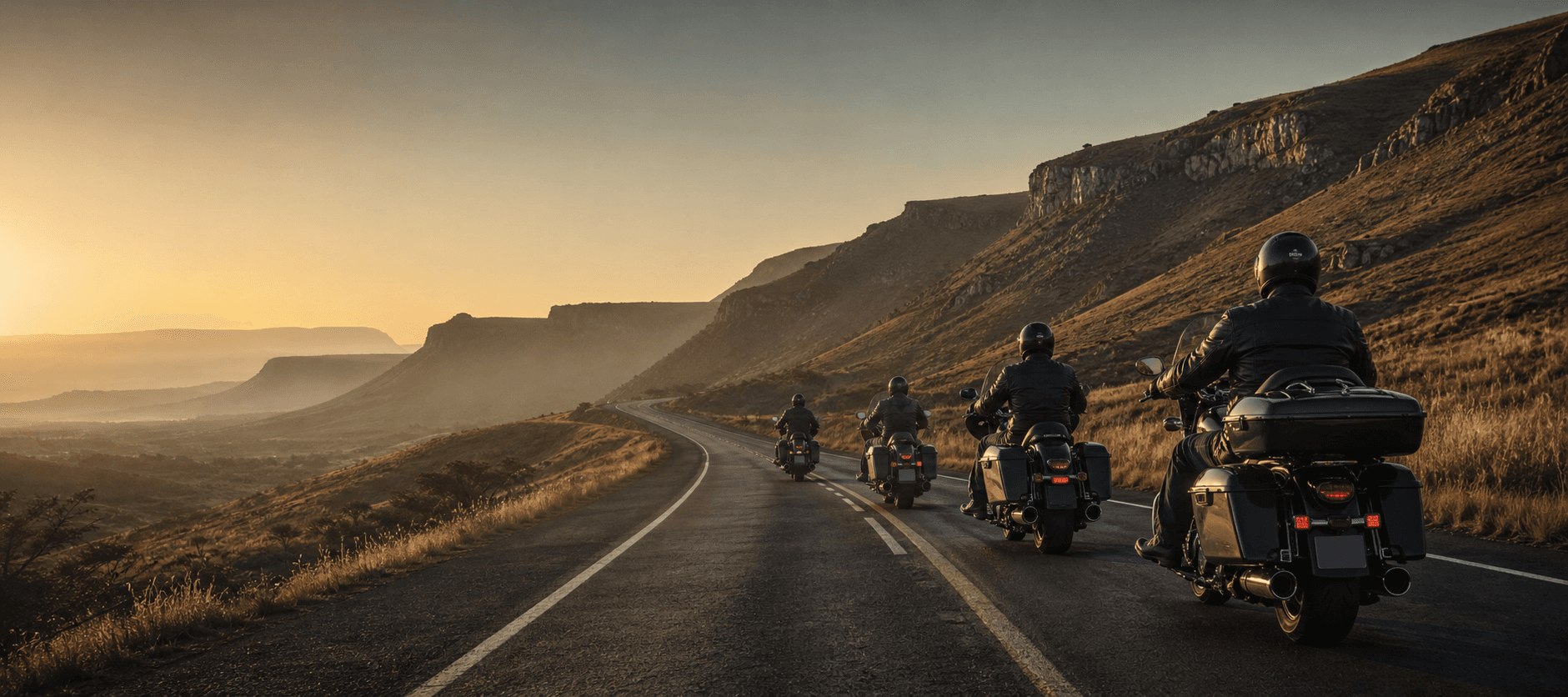 Motociclistas viajando juntos por uma estrada ao amanhecer